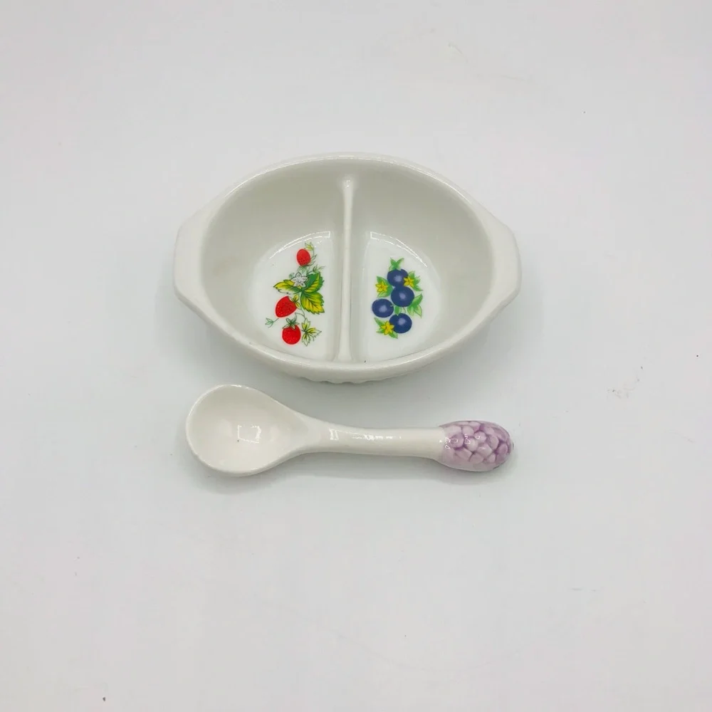 Vintage divided oval ceramic petite jelly/ relish dish with serving spoon.